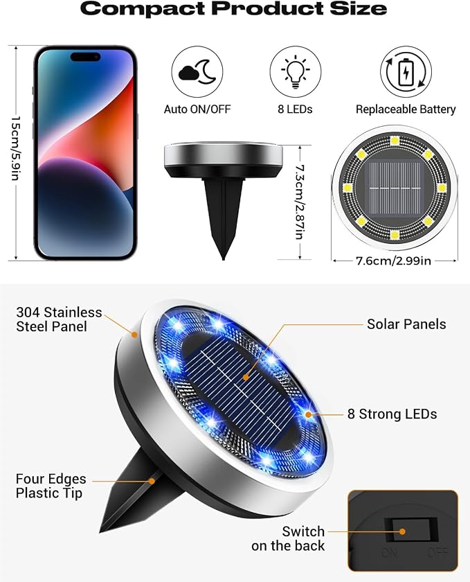 btfarm 16 Pack Solar Lights Outdoor, 8 LED Solar Ground Lights IP65 Waterproof - Image 5