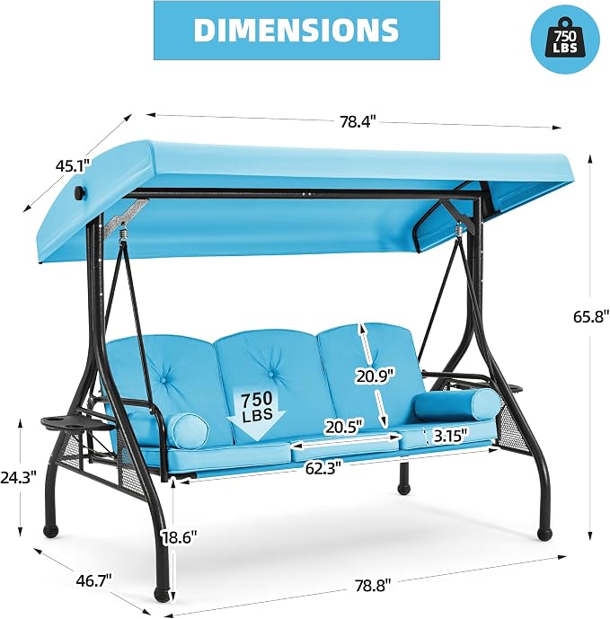 HOMREST 3 Seat Outdoor Porch Swing - Image 5