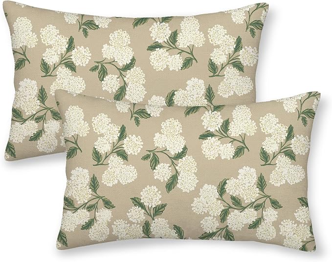 Beige Spring Pillow Covers 12x20 Inch 2 Pcs Khaki Green Hydrangea Flower Decor by DAFENA
