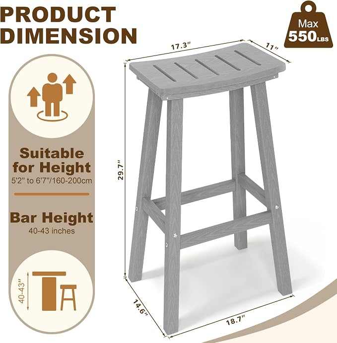 3-Piece Outdoor Bar Table Set, HDPE Patio Dining Set, 1 Round Bar Table & 2 Bar - Image 3