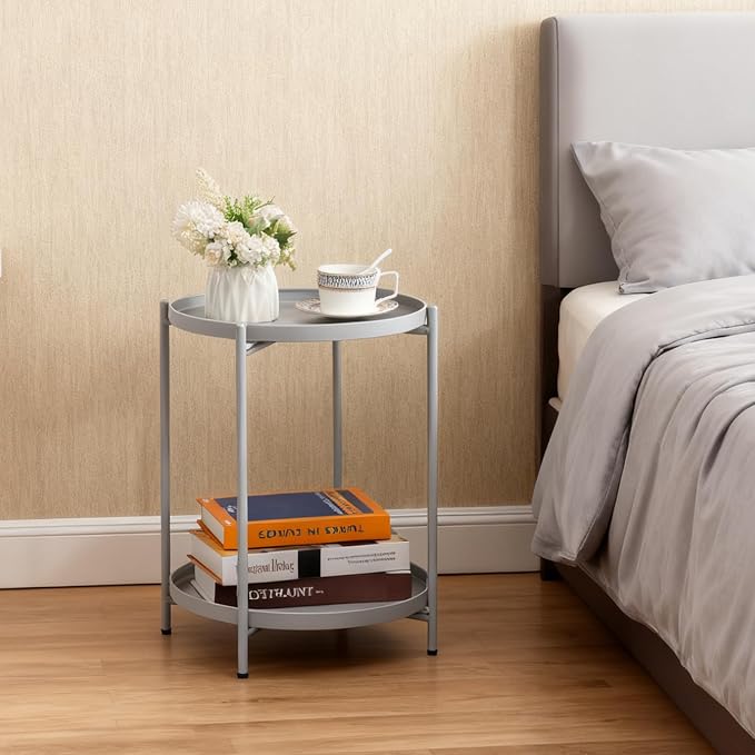 HollyHOME 2-Tier Round Side Table, Outdoor Small Folding Accent Stand - Image 6
