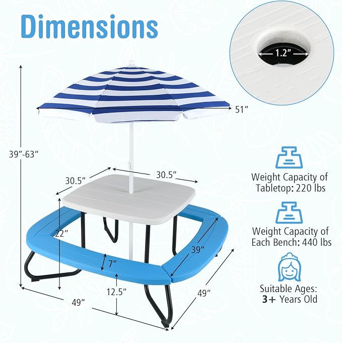 HONEY JOY Kids Picnic Table, 8 Person Toddler Outdoor Table and Chair Set - Image 3