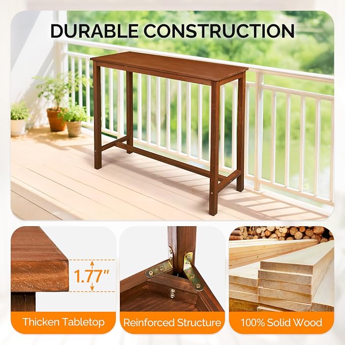 VINGLI Wooden Outdoor Bar Table, Wood Patio Counter Height Table, - Image 5