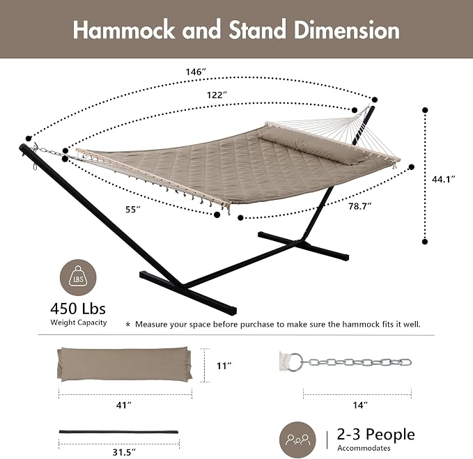 ANOW 2 Person Hammock with 12FT Stand, Heavy Duty Hammock with Stand - Image 6