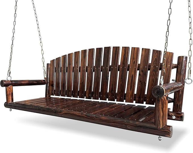 5FT Rustic Log Wooden Porch Swing, Heavy-Duty 900 LBS, Outdoor Hanging Bench by Mosbrisa