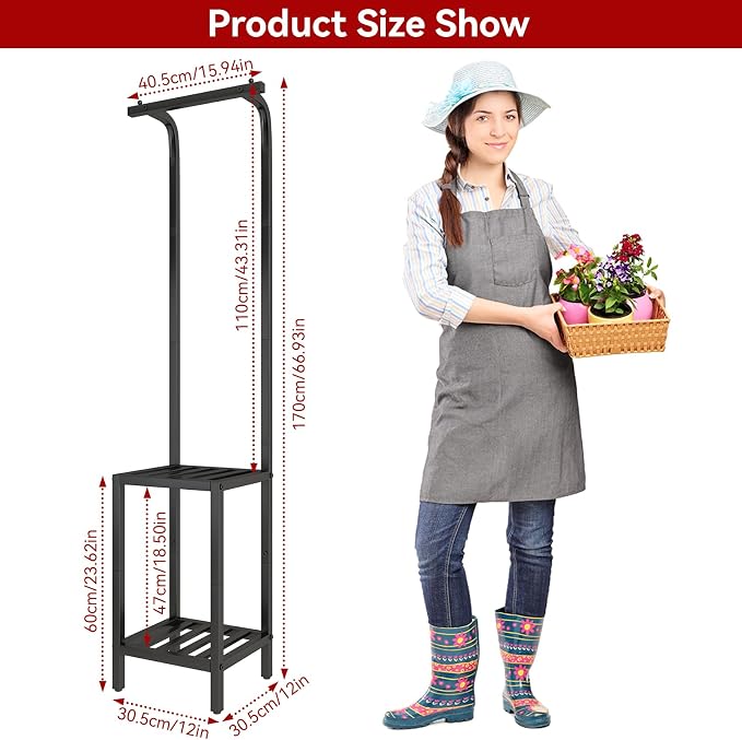 IBUYKE 67 Inch Tall Plant Stand Indoor Outdoor, 3 Tier Metal Hanging Plant Shelf - Image 6