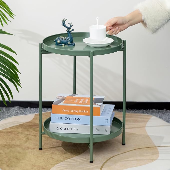 HollyHOME 2-Tier Round Side Table, Outdoor Small Folding Accent Stand - Image 5