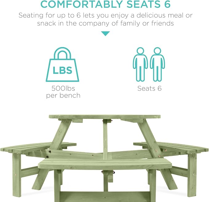 Best Choice Products 6-Person Circular Outdoor Wooden Picnic Table - Image 4