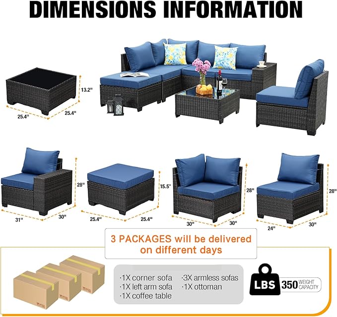 7 Pieces Patio Furniture Set All-Weather Outdoor Wicker Sectional Conversation - Image 4