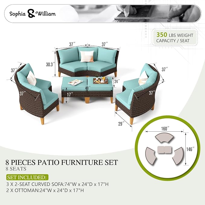 Sophia & William Outdoor Wicker Sectional Sofa Set, 8 Piece Half Moon Curved - Image 7