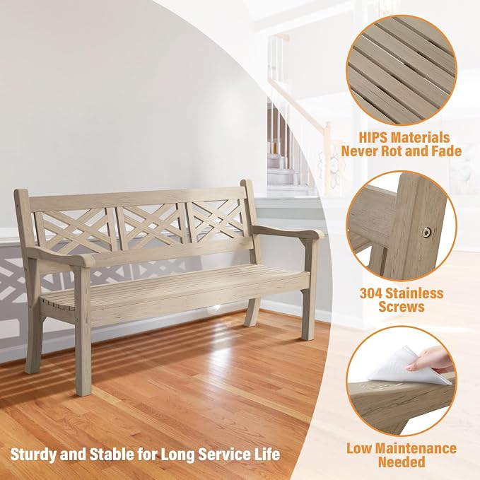Psilvam 63''W All-Weather Poly Lumber Outdoor Bench – Teak Color, 3-Person - Image 5