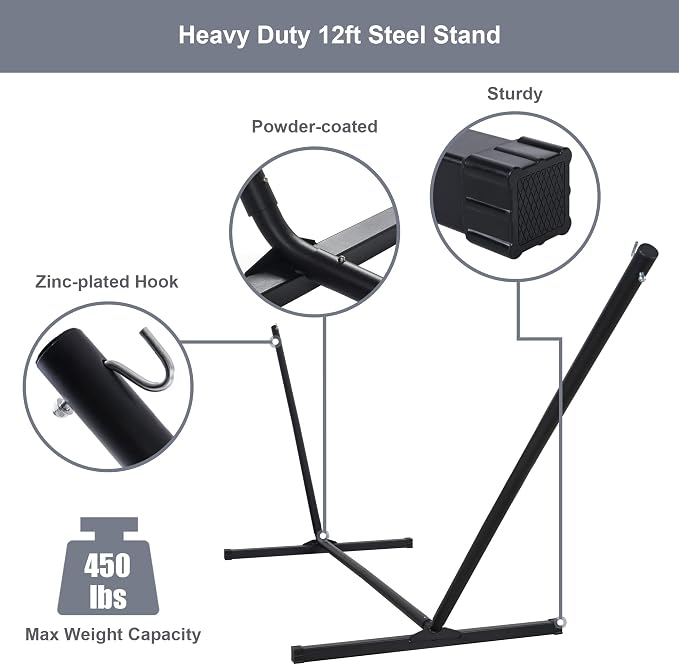 Large Hammock with 12FT Steel Stand, Freestanding Hammock with Curved Spreader - Image 5