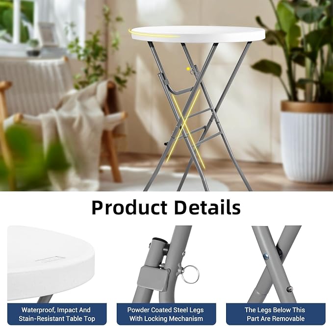 28in Cocktail Table White High Top Folding, Round Portable Bar Height Folding - Image 4