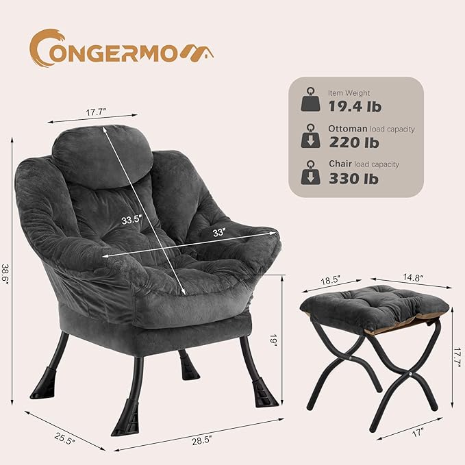 Lazy Chair with Folding Ottoman, Leisure Sofa Chair, Soft Fabric Armchair with - Image 3