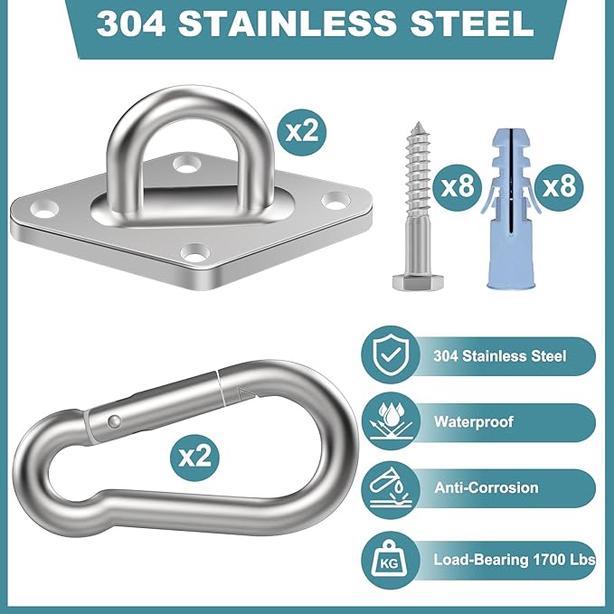 Hammock Hooks 4 Pack, Heavy Duty Hammock Hanging Kit, M10 304 Stainless Steel - Image 3