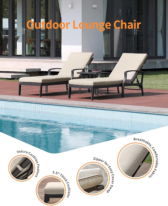 3 Pieces Outdoor Chaise Lounge Set, Aluminum Pool Lounge Chairs - Image 8