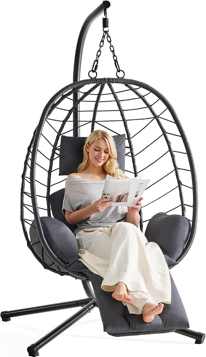 ONBRILL Hanging Egg Chair with Adjustable Footrest & Stand, Wicker Rattan Swing - Image 9