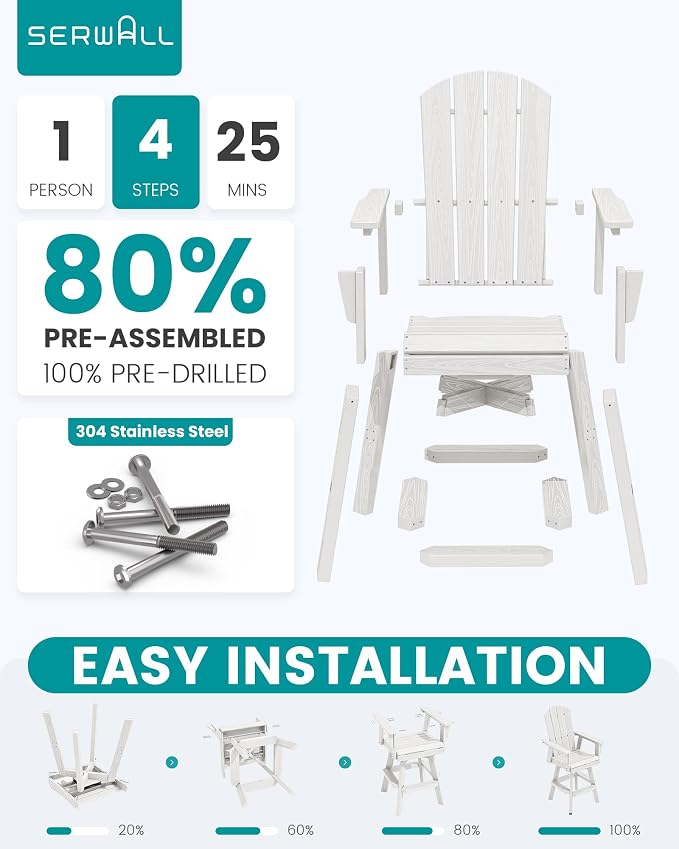 SERWALL Swivel Adirondack Barstools Set of 2, HDPE Outdoor Swivel Bar Chairs - Image 6