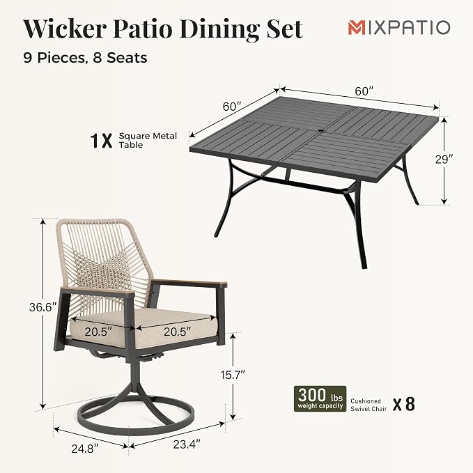 9 Pieces Outdoor Patio Dining Set, Wicker Patio Table and Chairs Set of 8 - Image 6