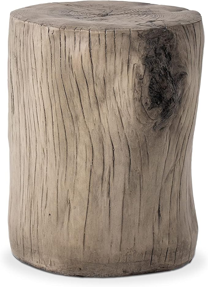 COSIEST Outdoor Antique Gray End Table Faux Wood, Hand-Painted Wood Stump Stool by COSIEST