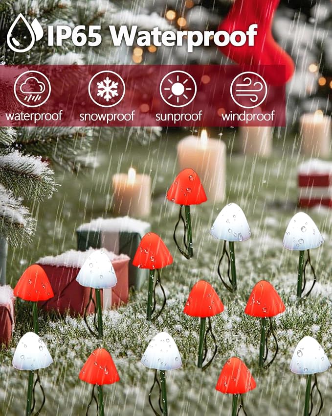 OZS 2PK 32LED 55FT Red and White Christmas Decorations Mushroom Solar Lights - Image 4