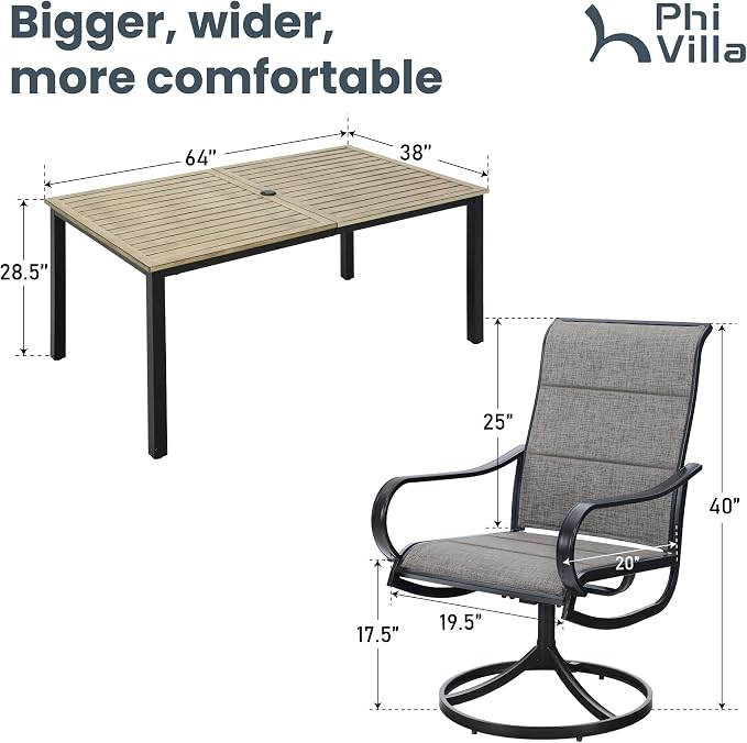 PHI VILLA Patio Dining Set for 6, Padded Textilene Swivel Dining Chairs & Brown - Image 8