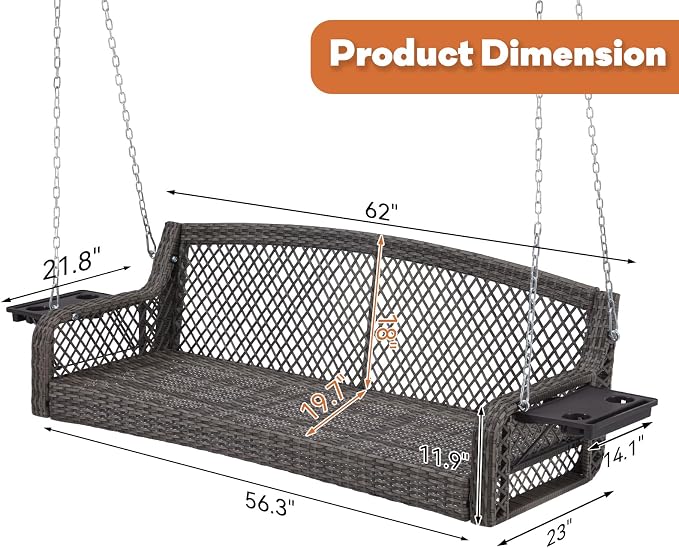 3 Seat Porch Swing, Wicker Patio Swing - Image 7