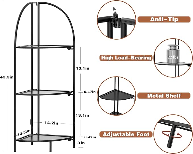 Crofy Foldable 3 Tier Corner Shelf, Metal Corner Plant Stand - Image 3