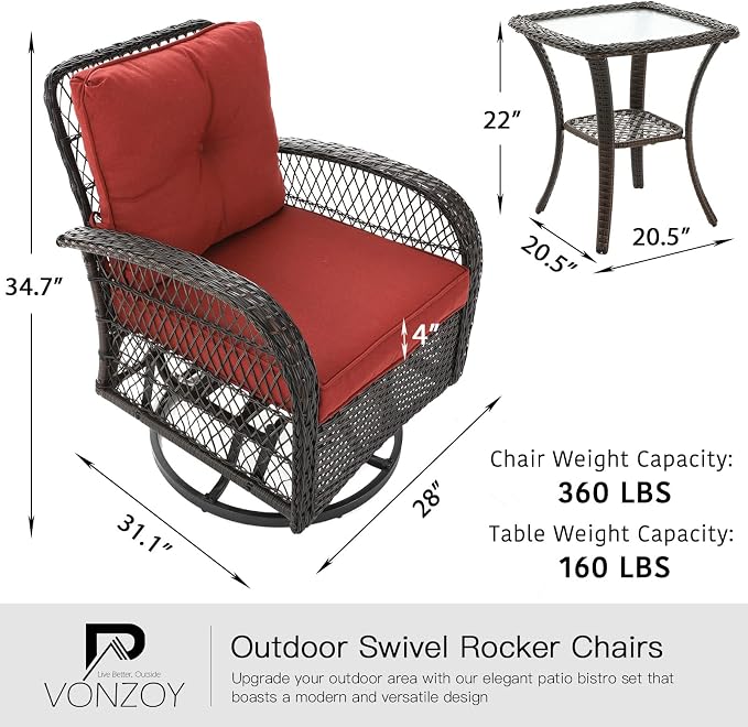 3 Pieces Patio Furniture Set, Outdoor Swivel Glider Rocker, Wicker Patio Bistro - Image 7