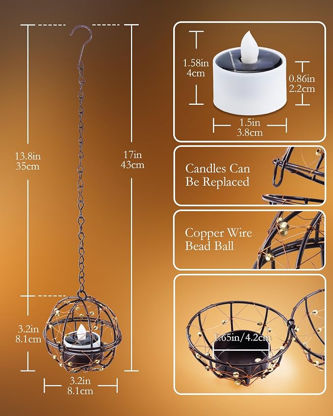 Homemory Solar Tea Lights Outdoor Waterproof Hanging Lanterns, Beaded Copper - Image 7