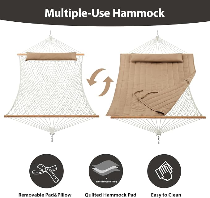 Outdoor Double Hammock with Hardwood Spreader Bars, Large Rope Hammock with - Image 3