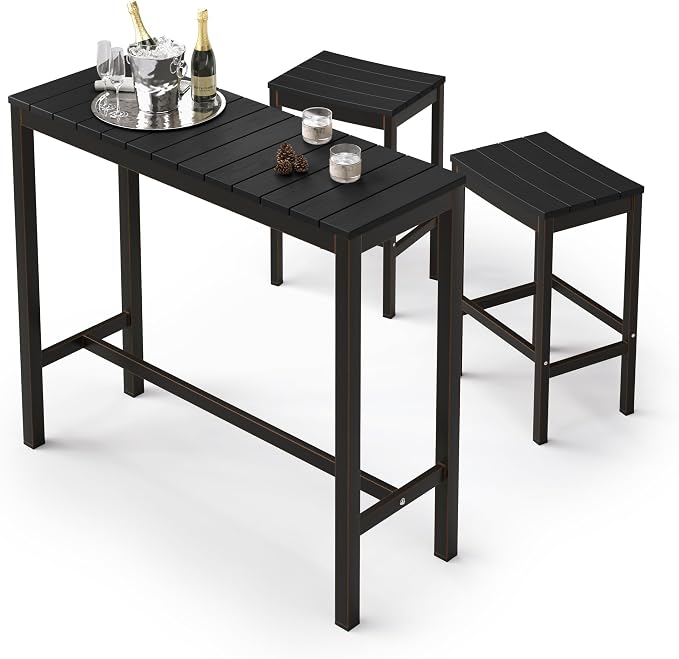 Outdoor Bar Height Table and Chairs Set, 3 Piece Black Top and Bronze Leg Patio by COZYMAN