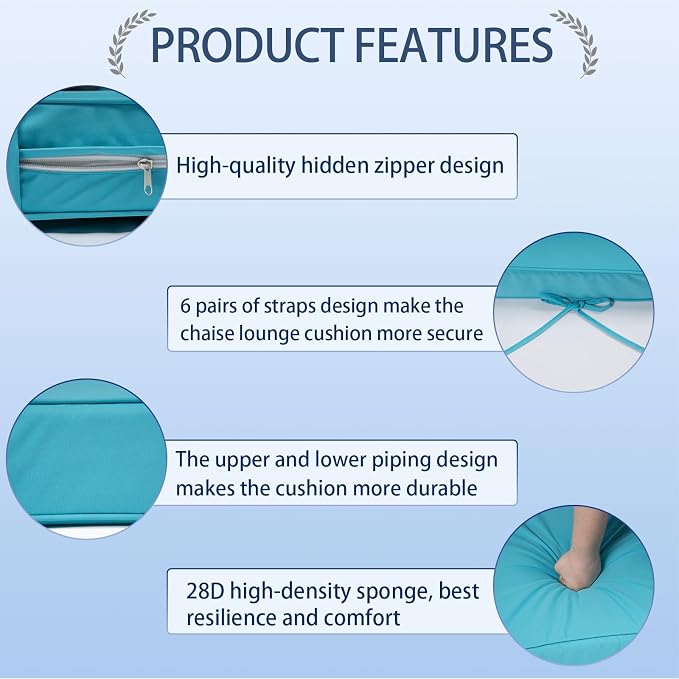 Outdoor Chaise Lounge Cushions Set of 2, Waterproof Fade Resistant Patio - Image 4