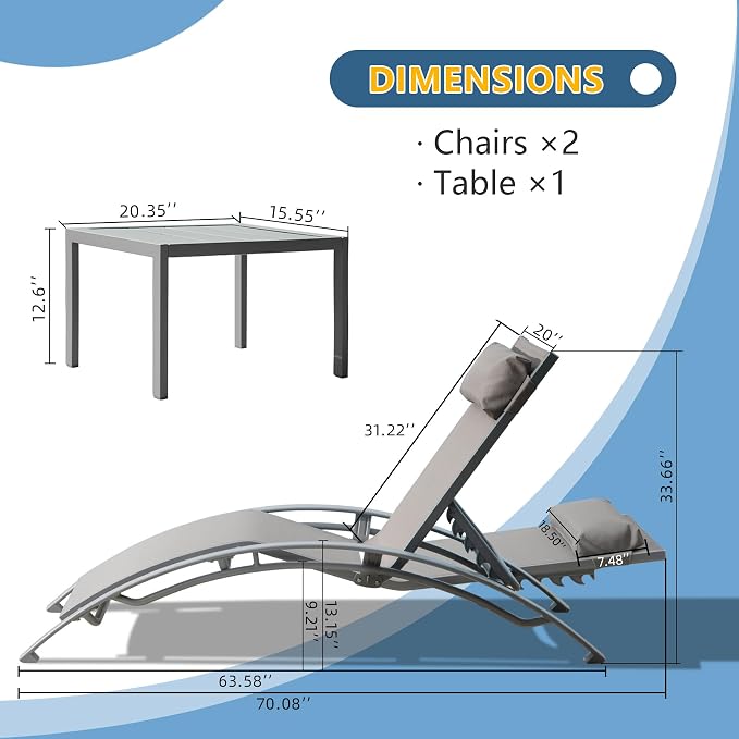 Domi Pool Lounge Chairs Set of 3, Adjustable Aluminum Outdoor Chaise Lounge - Image 2