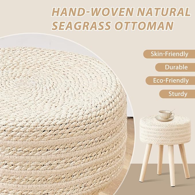 Cpintltr Round Ottoman Footstool Natural Seagrass Foot Stool Pouf Ottomans - Image 4