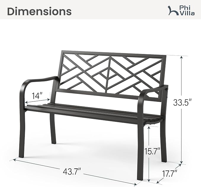 PHI VILLA 43 Inch Cast Iron Steel Frame Outdoor Garden Bench, Patio Furniture - Image 2