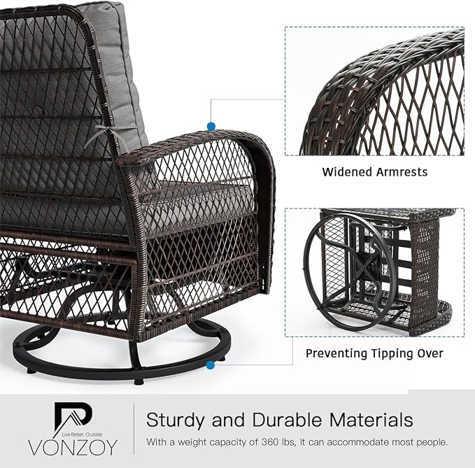 3 Pieces Patio Furniture Set, Outdoor Swivel Glider Rocker, Wicker Patio Bistro - Image 4