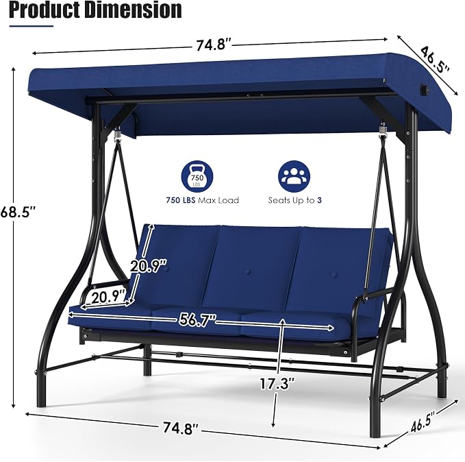 MAMIZO 3-Seat Patio Swing with Adjustable Canopy & Backrest, Outdoor Porch - Image 2