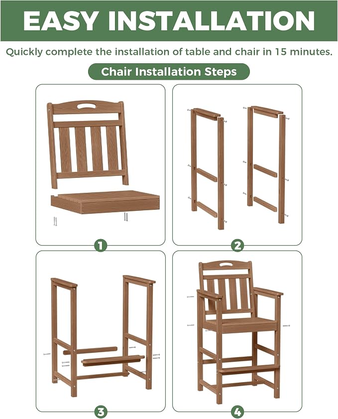 HDPE Outdoor Patio Tall Bar Chair, All-Weather Bar Height Balcony Adirondack - Image 5