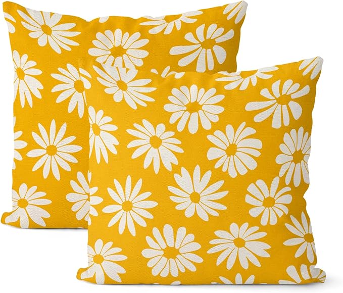 Mustard Yellow Pillow Covers 18x18 Inch 2 Pcs Daisy Floral Summer Outdoor Decor by DAFENA
