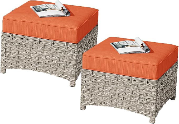 HOOOWOOO 2 Piece Patio Ottoman Set, Outdoor Wicker Ottomans, All Weather by DesignforBetterLife