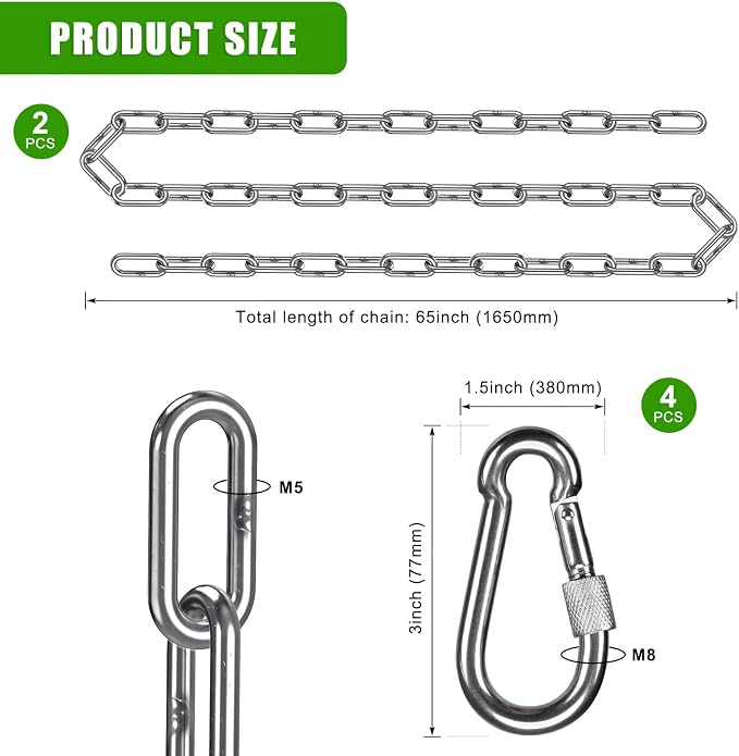 2Pcs 65" Stainless Steel Swing Chain 1000 LBs Capacity Porch Swing Chains - Image 6