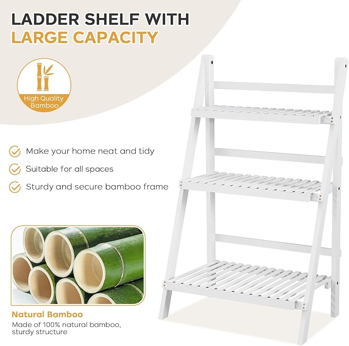 Bamboo Bookshelf 3-Tier Ladder Shelf, 39.4” Freestanding Open Bookcase Book - Image 4
