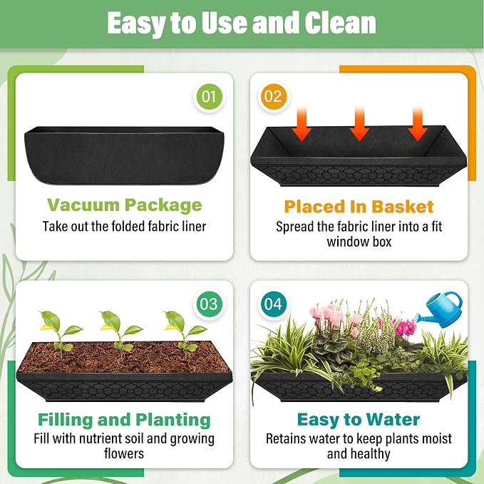 Riare 4 Pack 30 Inch Black Fabric Window Box Liners- Felt Square Trough Planter - Image 5