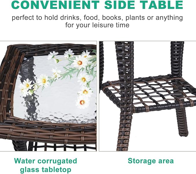 VINGLI Outdoor Side Table with Storage Wicker Patio Side Table, Tempered Glass - Image 4