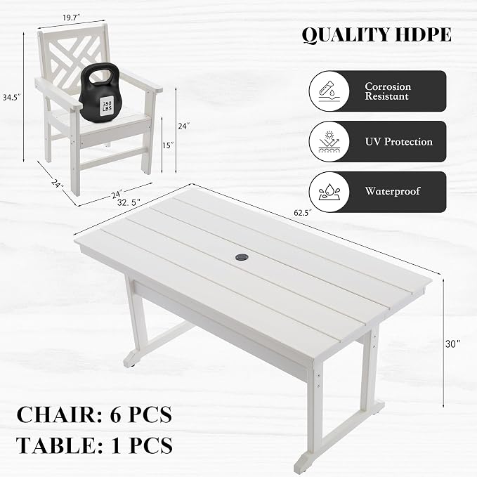 HDPE Dining Table Set for 6, 7-Piece Outdoor Table and Chairs Include 6 Dining - Image 3