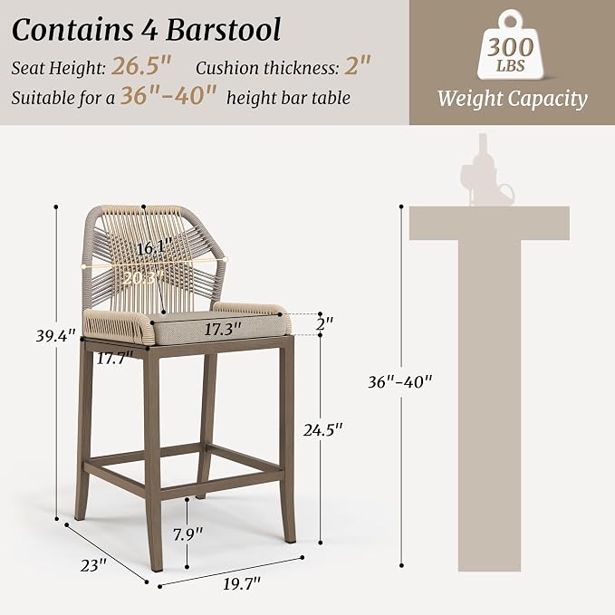 Outdoor Bar Stools, Rattan Outdoor Counter Height Bar Stools Set of 4, 26.5" H - Image 2