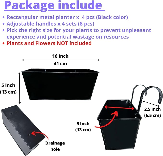 LaLaGreen Rail Planter Box Large Black Metal Hanging Flower Pots, Rectangle - Image 2