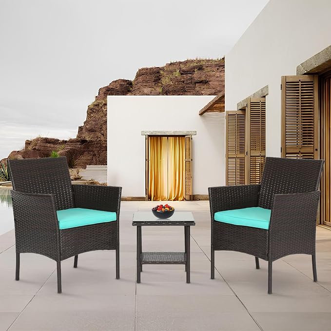 FDW 3 Piece Outdoor Furniture Set Patio Brown Wicker Chairs Furniture Bistro - Image 7