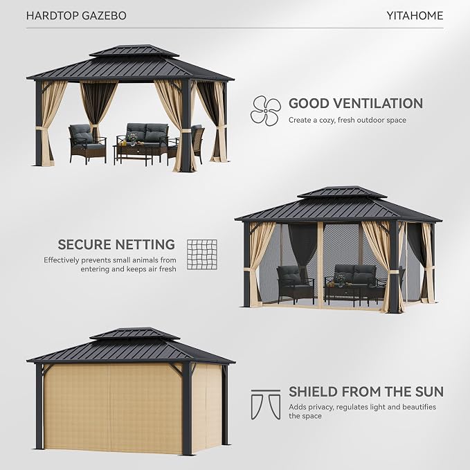 YITAHOME 10X12FT Hard Top Metal Gazebo Patios Double Roof Canopy Aluminum Frame - Image 4